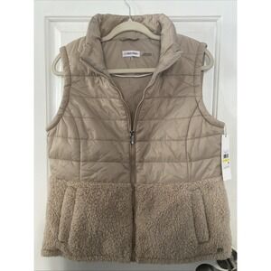Calvin Klein Beige Puffer Vest Sherpa Fleece M Full Zip NWT $89 MSRP